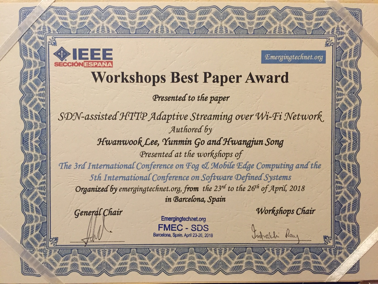 MCN연구실, IEEE Workshops Best Paper Award(IEEE FMEC2018 & SDS2018 ...